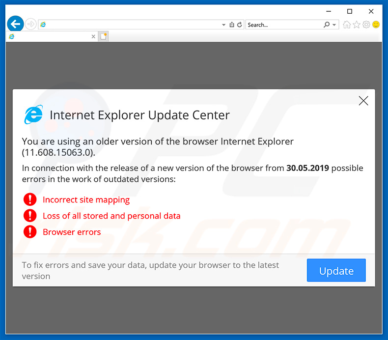Sitio web que insta a los visitantes a actualizar el navegador Internet Explorer