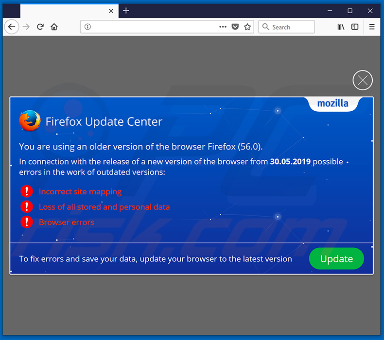 Sitio web que insta a los visitantes a actualizar el navegador Mozilla Firefox 