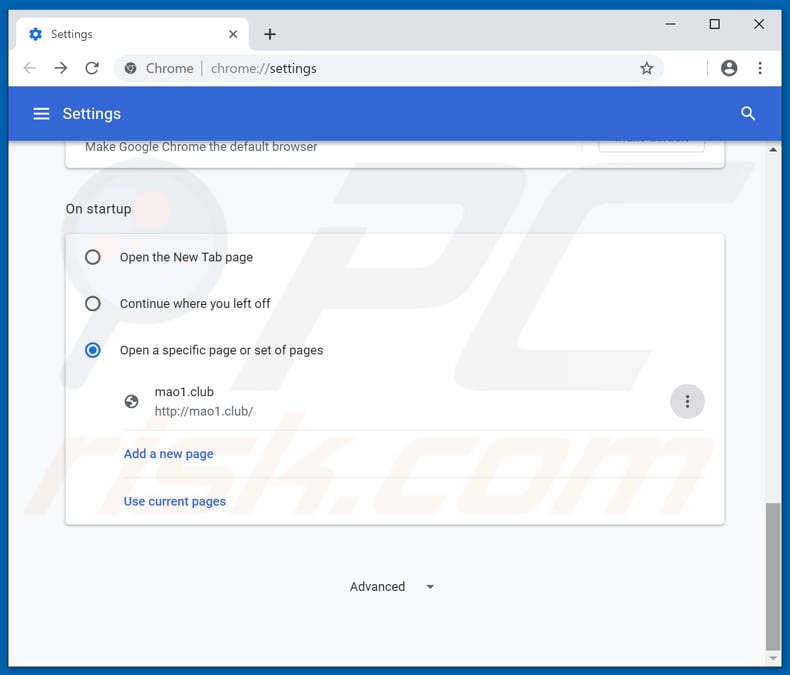 Eliminando mao1.club de la página de inicio de Google Chrome