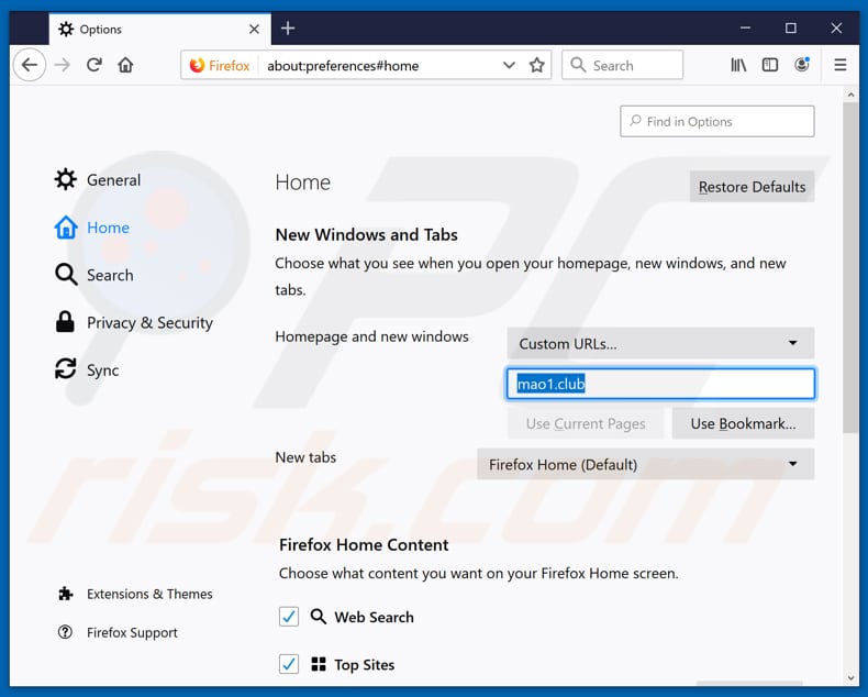 Eliminando mao1.club de la página de inicio de Mozilla Firefox