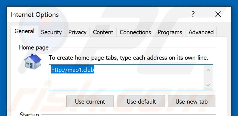 Eliminando mao1.club de la página de inicio de Internet Explorer