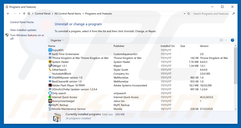 Desinstalación de adware ouo.io a través del Panel de control