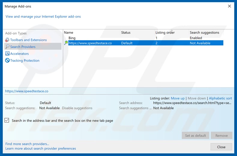 Eliminando speedtestace.co del motor de búsqueda predeterminado de Internet Explorer