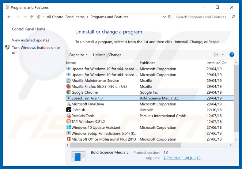 Desinstalación de speedtestace.co a través del Panel de control