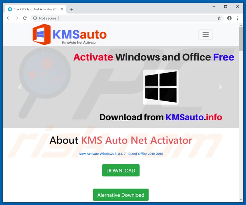 Sitio web que promociona la herramienta de activación de KMSAuto