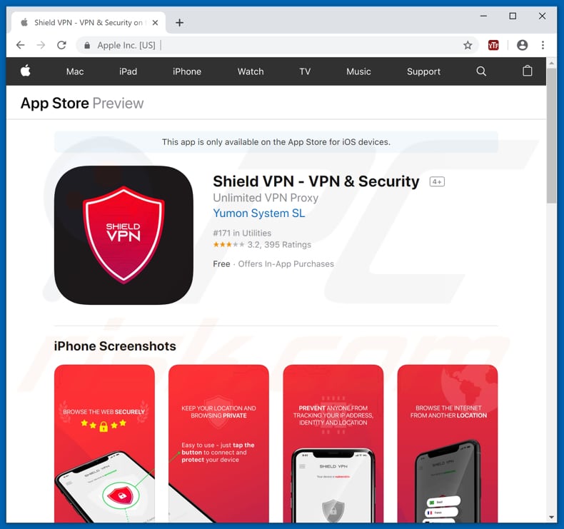 Shield VPN app promocionada a través del sitio web fraudulento