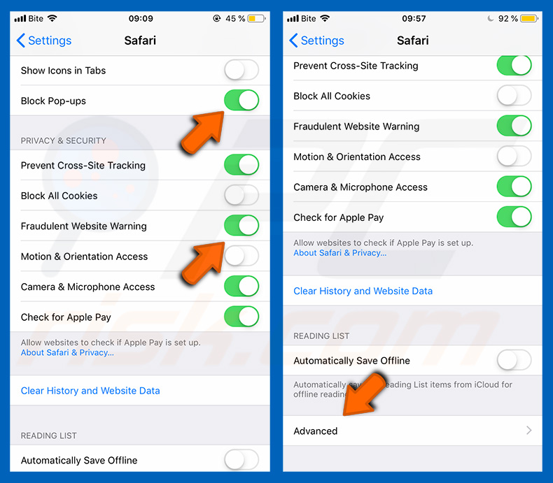 activar bloqueo de ventanas emergentes y aviso de sitio web fraudulento en dispositivos móviles Apple