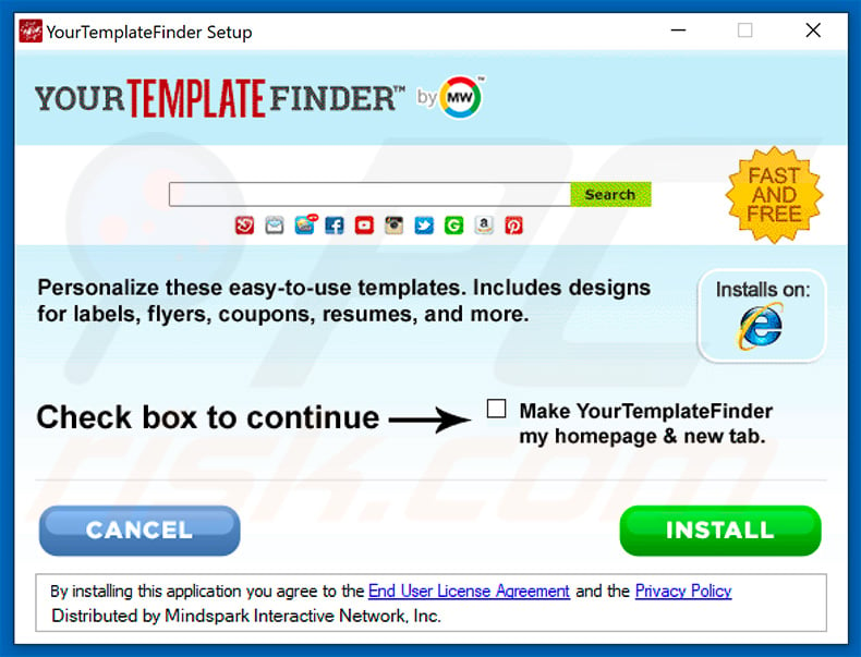 Instalación oficial del software publicitario YourTemplateFinder