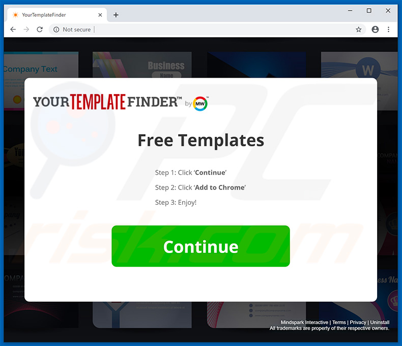 Sitio web destinado a promocionar el secuestrador de navegadores YourTemplateFinder