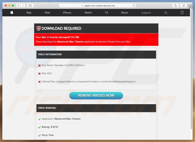 apple.com-shield-devices[.]live muestra detecciones falsas de virus
