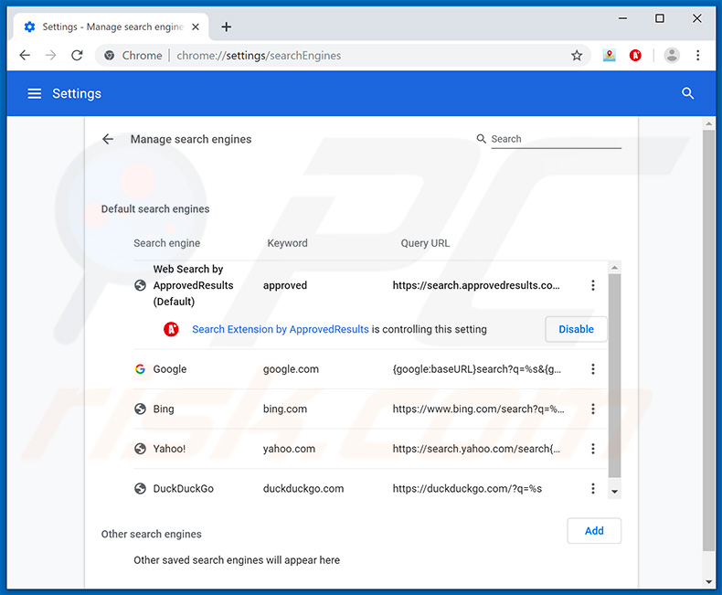 Eliminar approvedresults.com del buscador predeterminado de Google Chrome