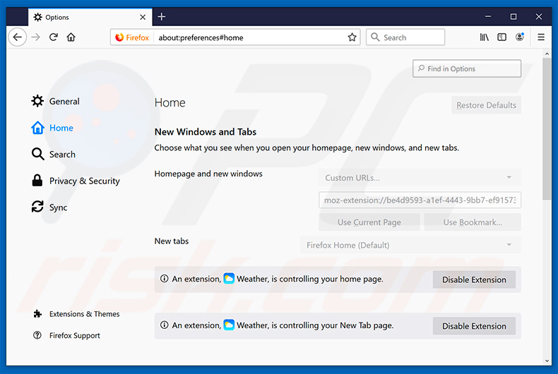 Eliminando search.heasyweatherforecast.com de la página de inicio de Mozilla Firefox