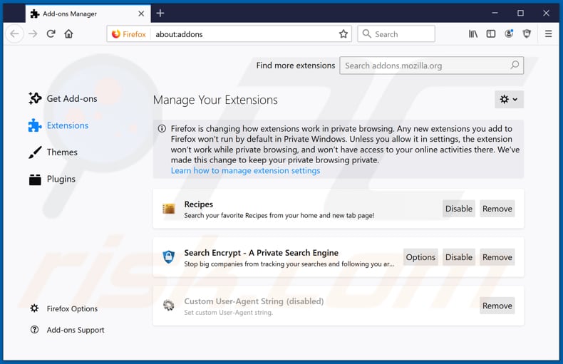 Eliminando las extensiones relacionadas a search.hgetrecipesnow.com de Mozilla Firefox