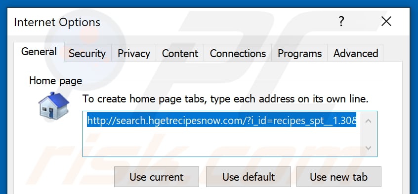 Eliminando search.hgetrecipesnow.com de la página de inicio de Internet Explorer