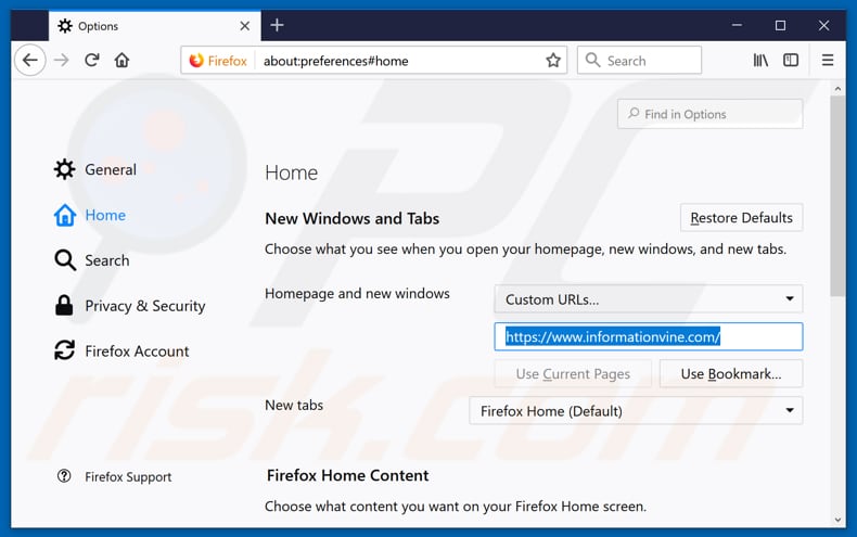Eliminando informationvine.com de la página de inicio de Mozilla Firefox