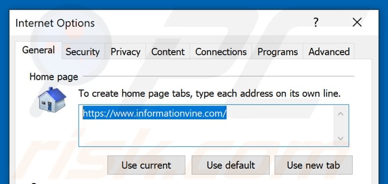 Eliminando informationvine.com de la página de inicio de Internet Explorer