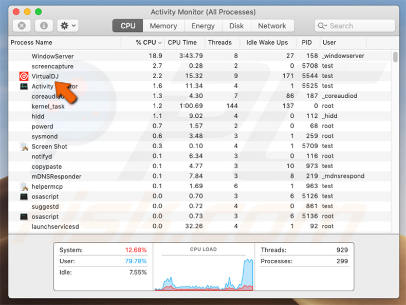 virus LoudMiner ejecutándose como aplicación VirtualDJ en el Monitor de actividad