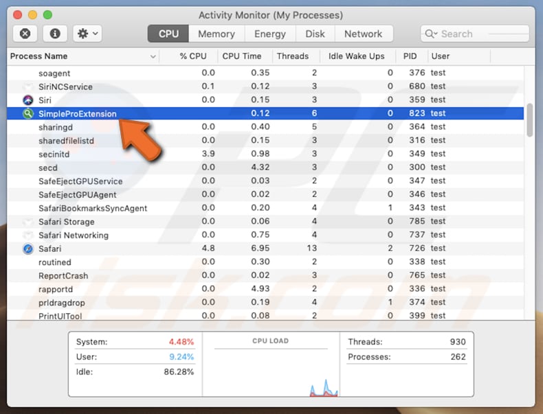 proceso SimpleProExtension en el monitor de actividad