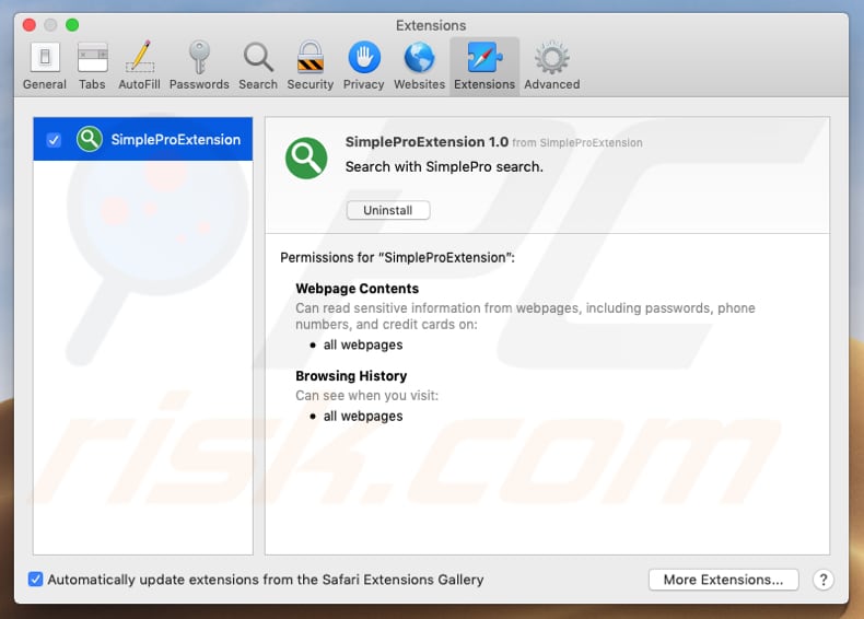 extensión SimpleProExtension instalada en safari