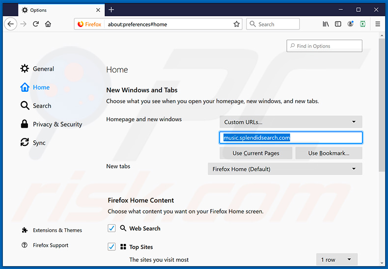 eliminar splendidsearch.com de la página de inicio de Mozilla Firefox