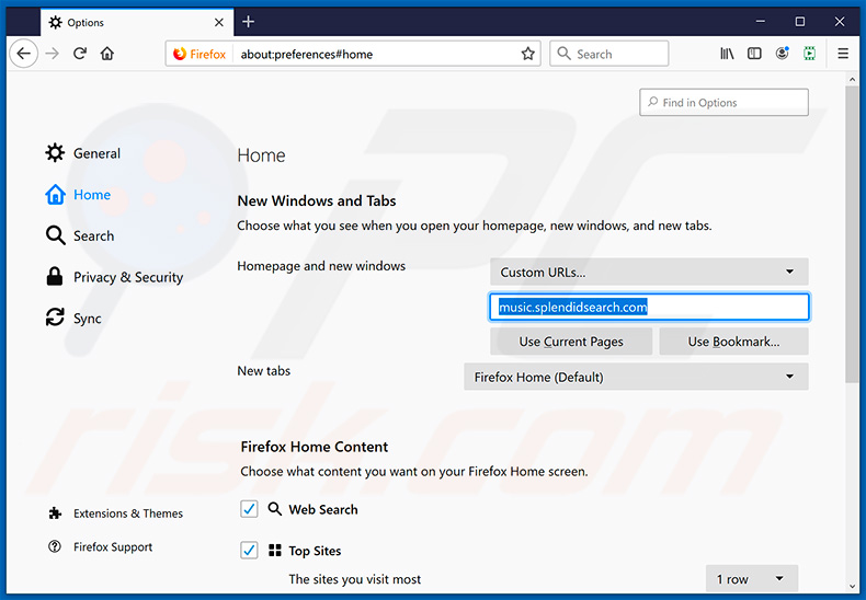 eliminar splendidsearch.com de la página de inicio de Mozilla Firefox