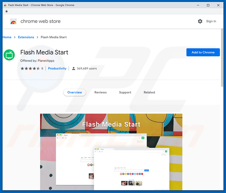 secuestrador de navegadores Flash Media Start en la tienda web de Google Chrome