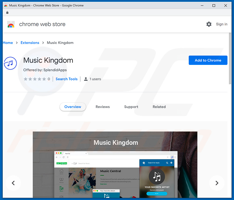 secuestrador de navegadores Music Kingdom en la tienda web Google Chrome