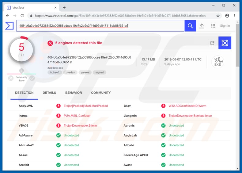 zupdater.exe detectado como amenaza en virustotal