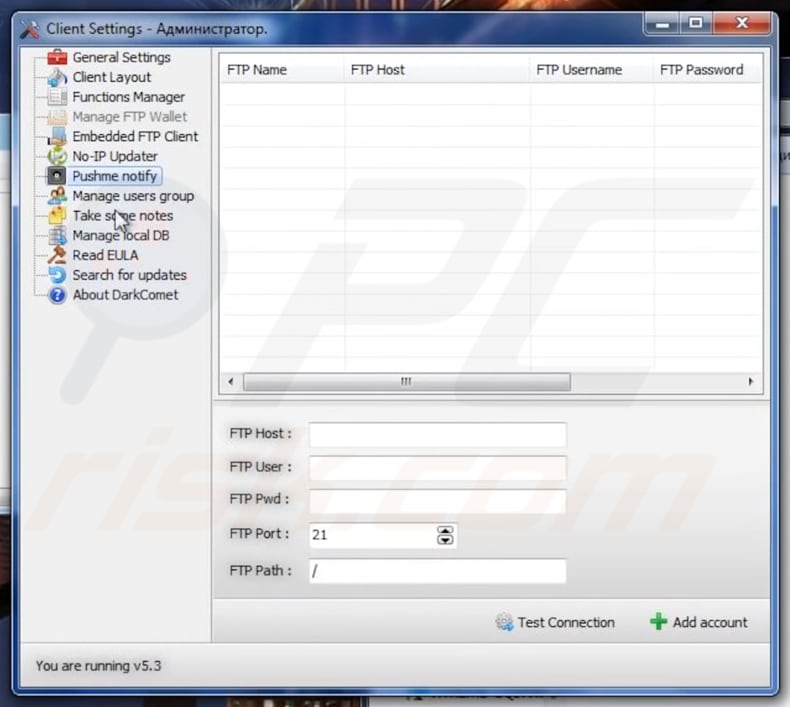 panel de configuración de darkcomet