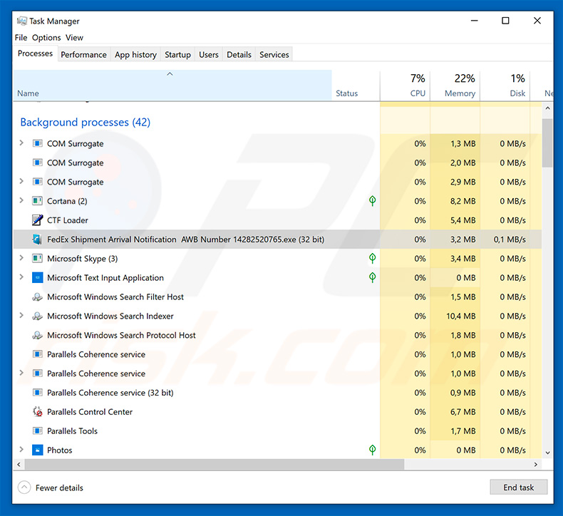 Troyano LokiBot en el Administrador de Tareas de Windows