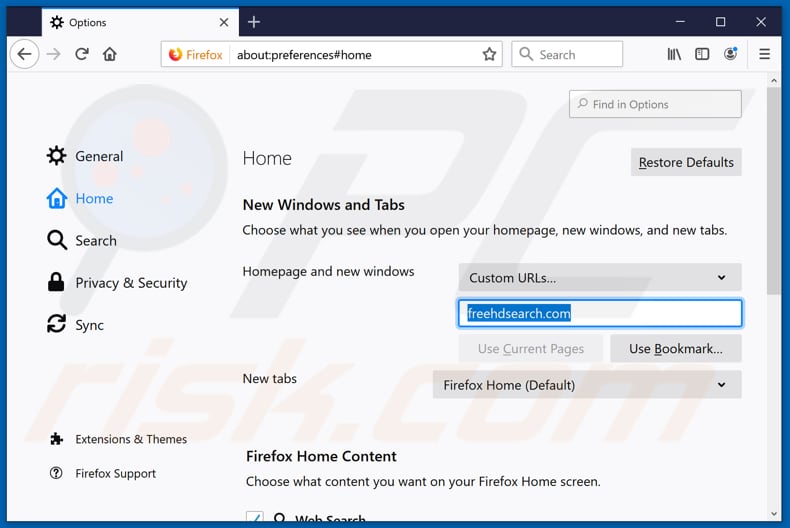 eliminar freehdsearch.com de la página de inicio de Mozilla Firefox