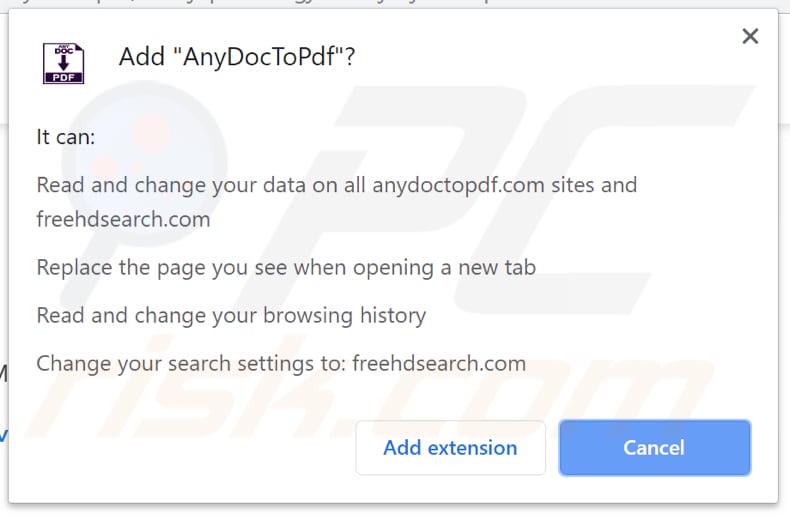 página de descarga de AnyDocToPdf pidiendo permisos