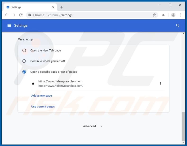 eliminar hidemysearches.com de la página de inicio de Google Chrome