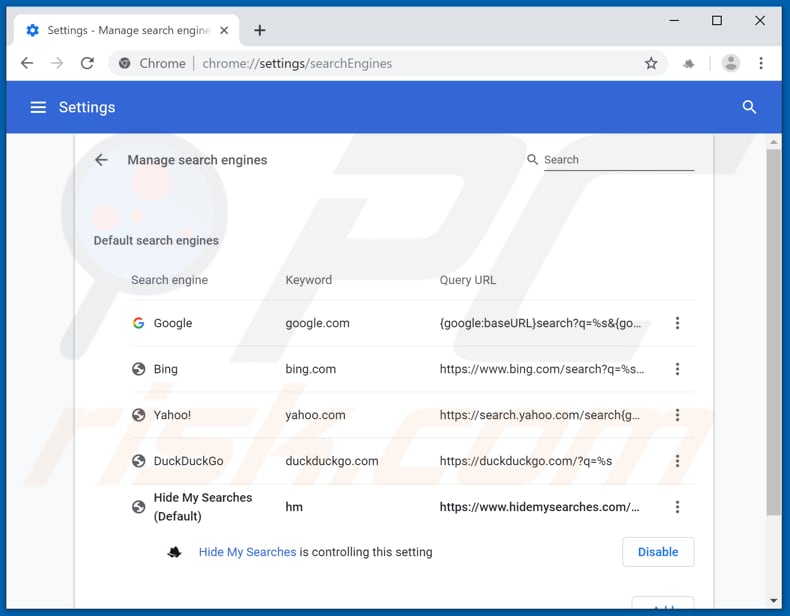 Eliminar hidemysearches.com del buscador predeterminado de Google Chrome