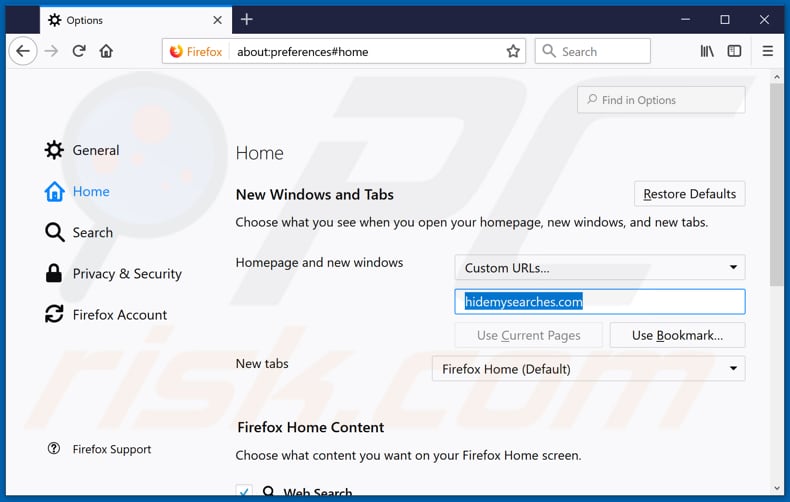 eliminar hidemysearches.com de la página de inicio de Mozilla Firefox