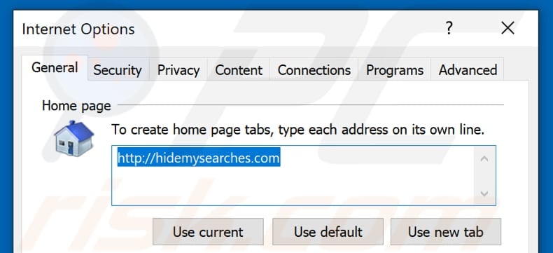 eliminar hidemysearches.com de la página de inicio de Internet Explorer