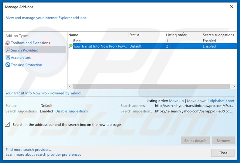 Eliminar hidemysearches.com del buscador web predeterminado en Internet Explorer