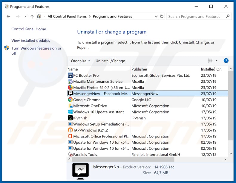 Desinstalar el adware MessengerNow a través del Panel de Control