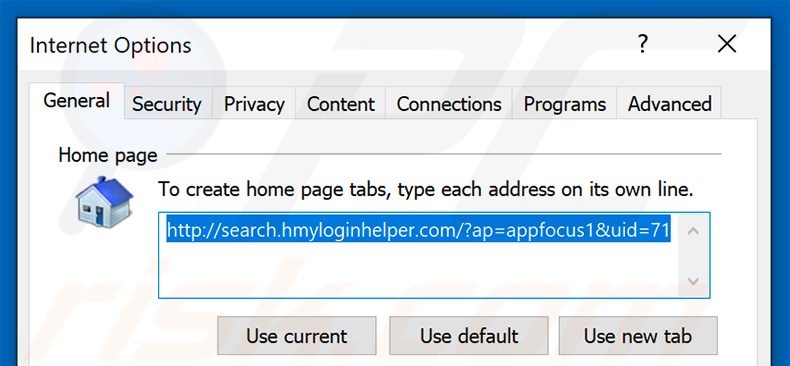 Eliminando search.hmyloginhelper.com de la página de inicio de Internet Explorer