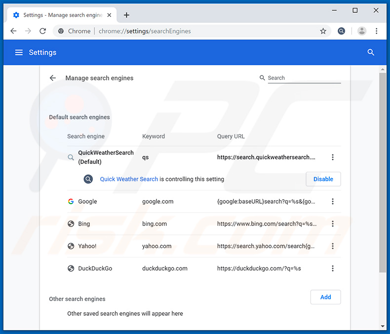 Eliminar search.quickweathersearch.com del buscador predeterminado de Google Chrome