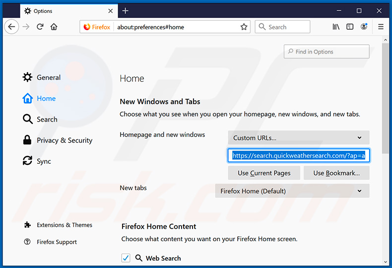 eliminar search.quickweathersearch.com de la página de inicio de Mozilla Firefox