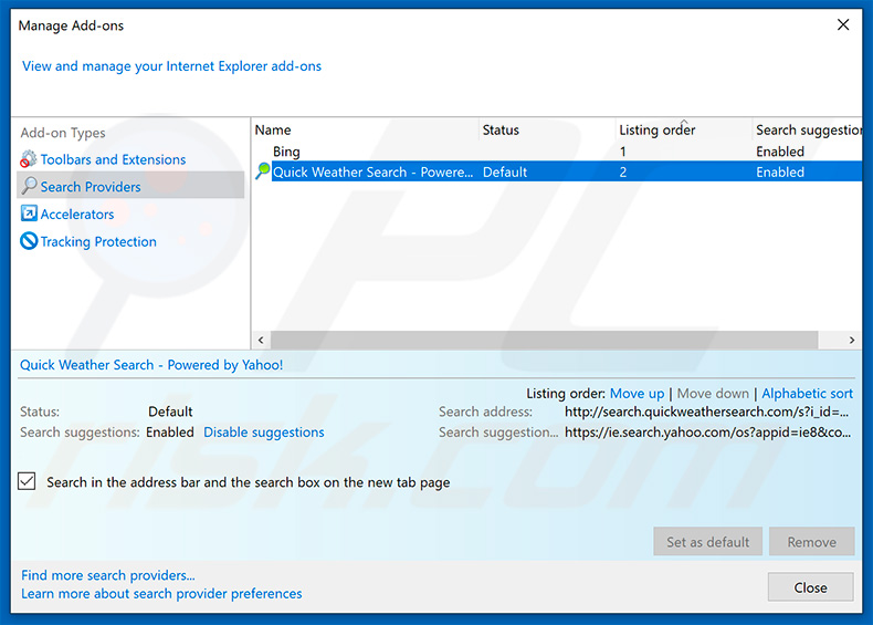 Eliminar search.quickweathersearch.com del buscador web predeterminado en Internet Explorer