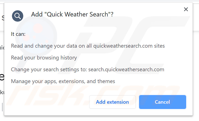 Permisos para el secuestrador de navegadores Quick Weather Search