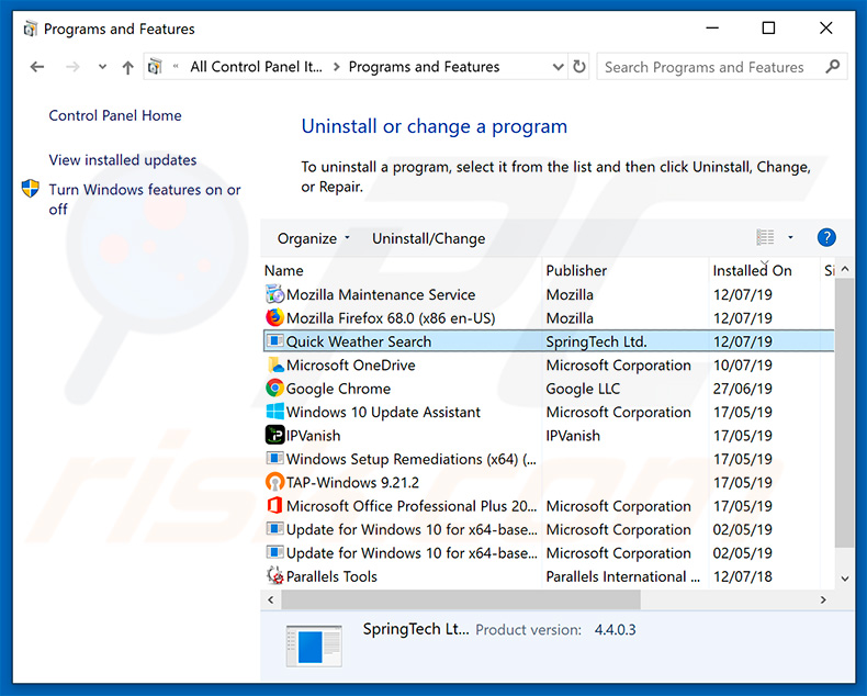 desinstalar el secuestrador de navegadores search.quickweathersearch.com desde el panel de control