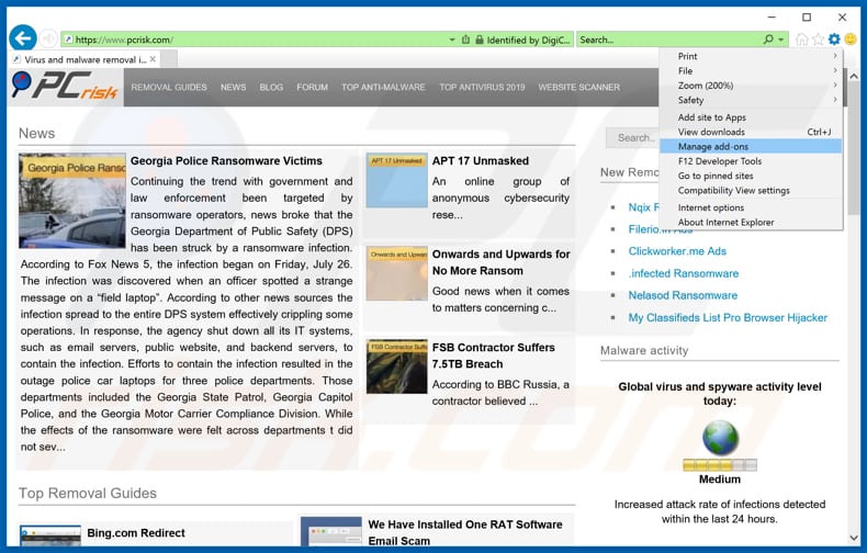 cómo eliminar las extensiones engañosas en Internet Explorer paso 1