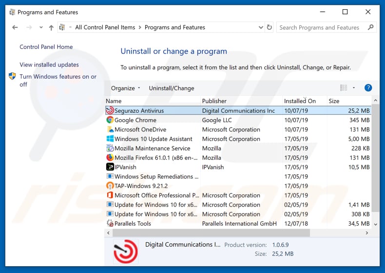 desinstalar el software publicitario Segurazo desde el panel de control