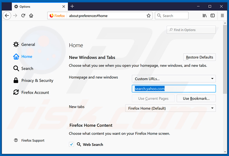 eliminar search.yahoo.com de la página de inicio de Mozilla Firefox