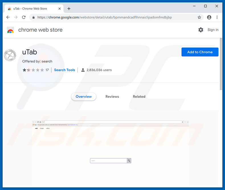 secuestrador de navegadores uTab en la Chrome Web Store