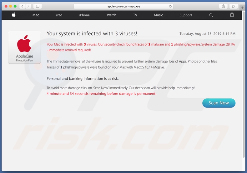 página fraudulenta apple.com-scan-mac[.]xyz