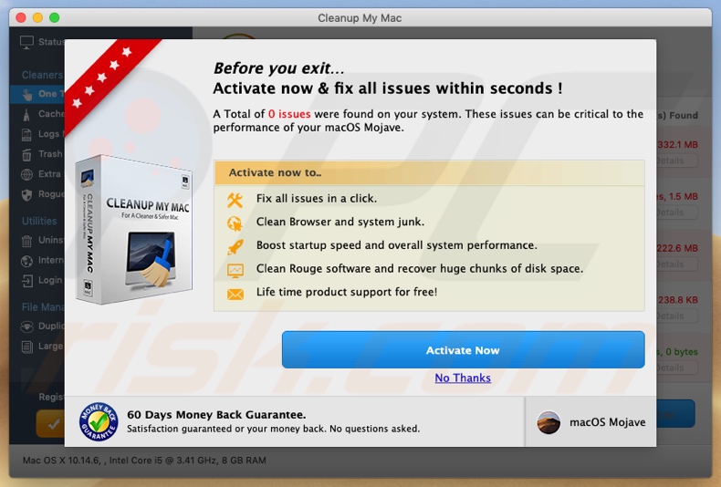 captura de pantalla de Cleanup My Mac PUA pidiendo su activación